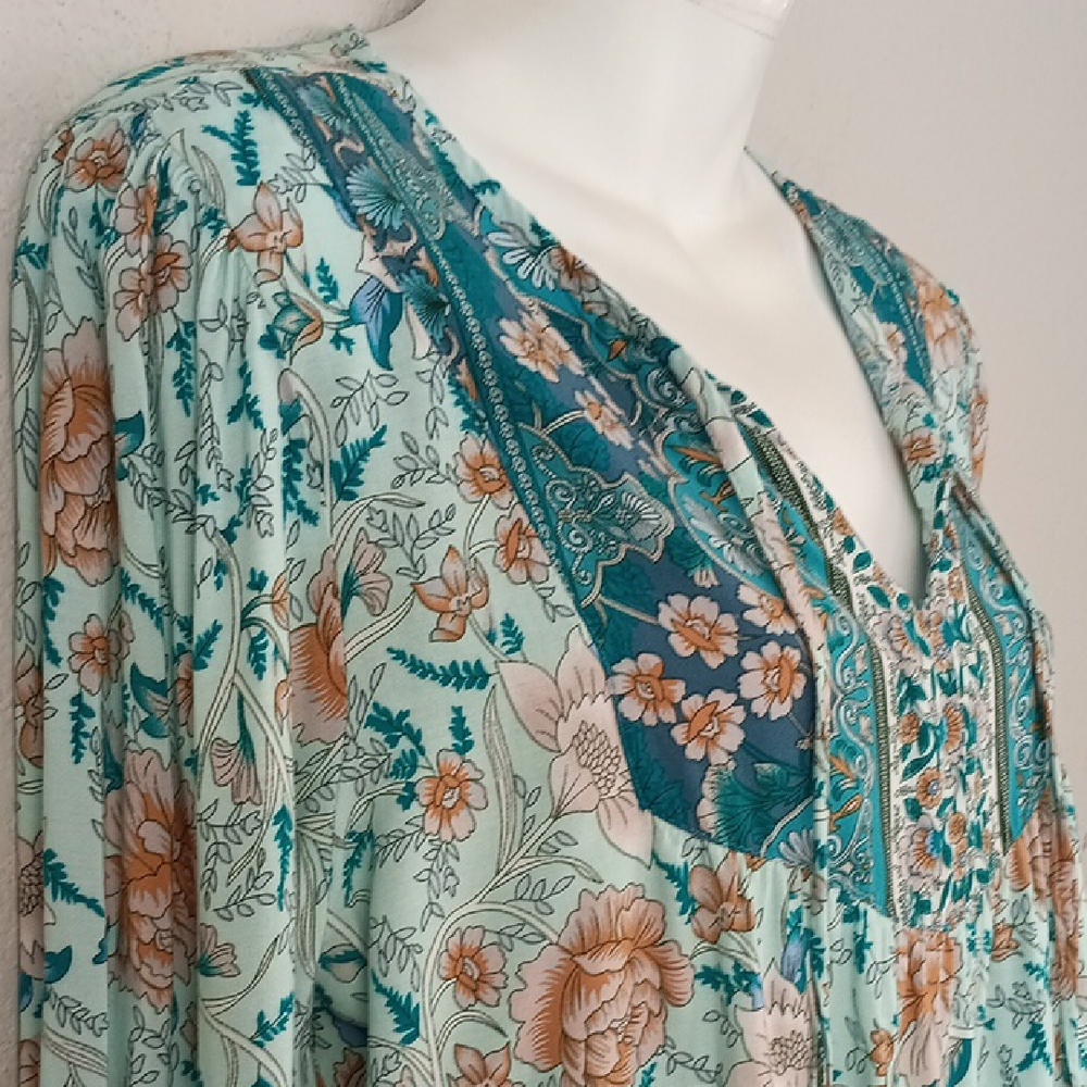 Womens Floral Bohemian Long Sleeve Blouse Babydoll sz L - Picture 4 of 13
